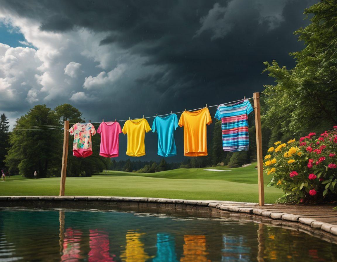 A split scene showcasing a transformation from a stormy, melancholic ocean to a bright, sunny lakeside environment, with vibrant swimwear hanging on a clothesline. On one side, dark clouds and falling raindrops contrast with the sunny side featuring people enjoying the Overlake Golf Course, dressed in colorful swimwear while laughing and relaxing. The transition should evoke a sense of joy and renewal, capturing the essence of overcoming sadness. vibrant colors. super-realistic.