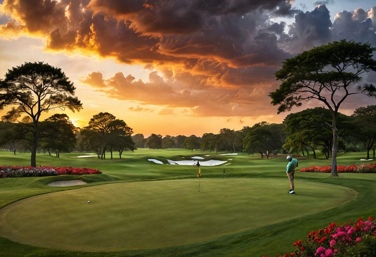 A stunning transformation of a golf course from a gloomy landscape to a glamorous paradise, showcasing a vibrant golf green with bright, lush trees and colorful flowers. Include a golfer in stylish attire swinging a club, with a radiant sunset in the background that illuminates the scene. Capture the juxtaposition of the initial dark clouds dispersing to reveal a clear, bright sky. super-realistic. vibrant colors. dramatic lighting.